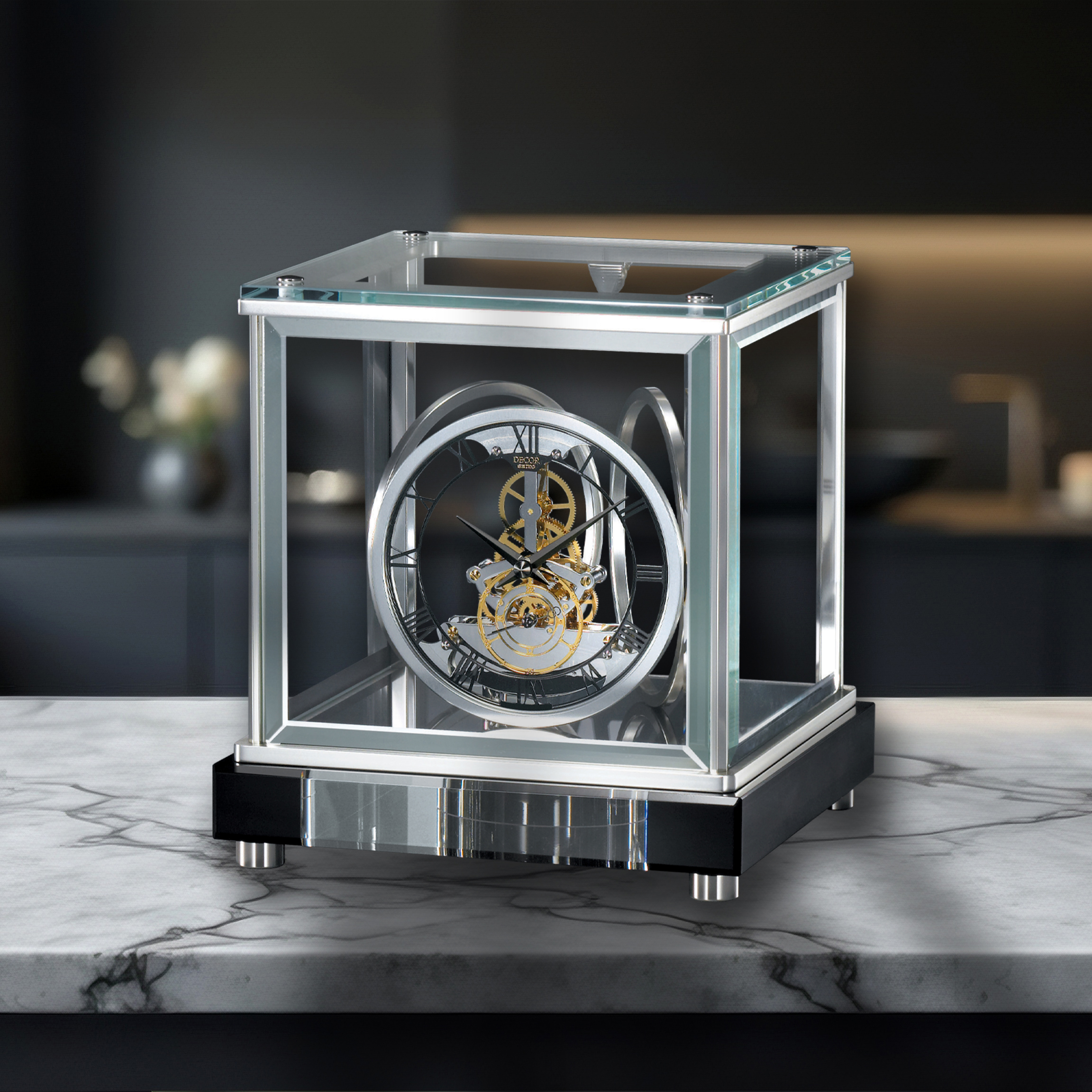 Empty marble table top on blurred minimalistic luxury bathroom at apartment, dark black and gray colors. Place for product display, showing products, side view