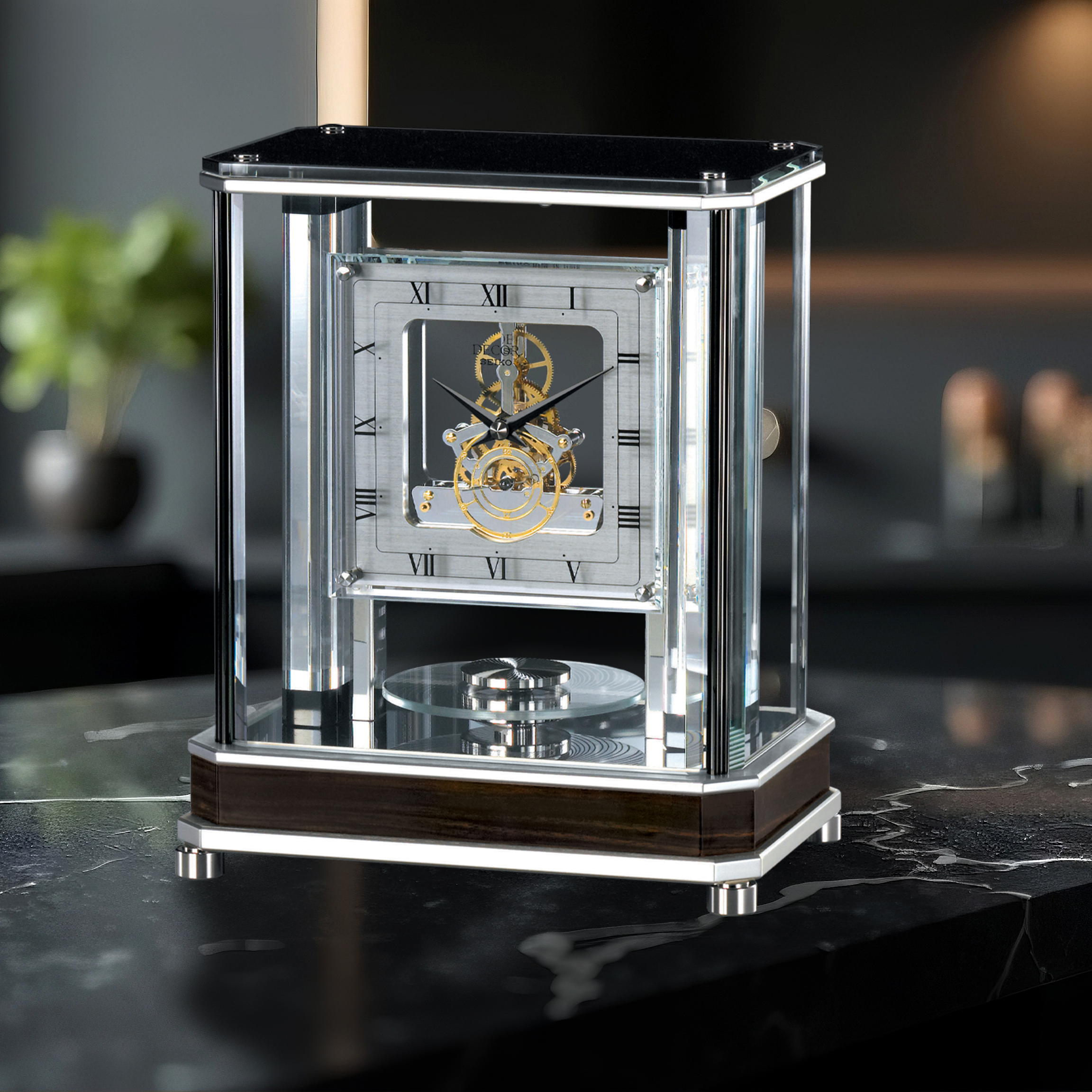 Empty marble table top on blurred minimalistic luxury bathroom at apartment, dark black and gray colors. Place for product display, showing products, side view